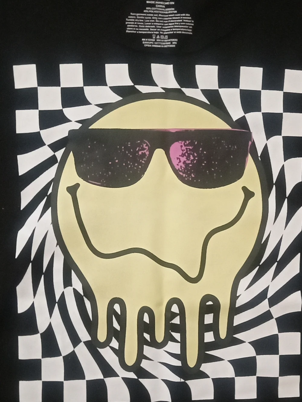 wonder nation Black Tee with Yellow Drip Smiley and Checkerboard